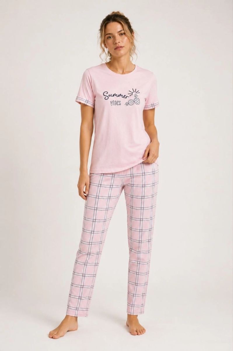 Kadın Pamuklu Penye Summer Baskılı Kısa Kollu Pijama Takımı Ekose Desenli - Pembe