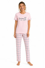 Kadın Pamuklu Penye Summer Baskılı Kısa Kollu Pijama Takımı Ekose Desenli - Pembe