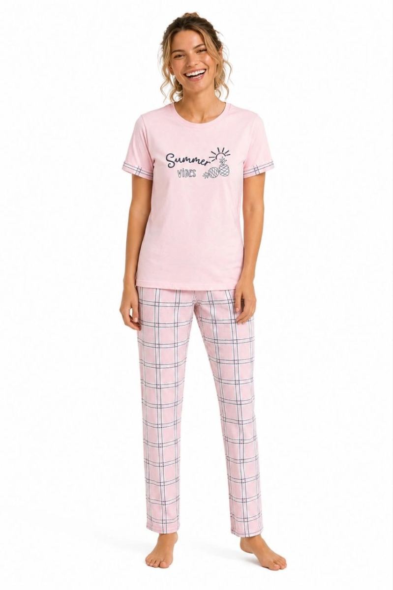 Kadın Pamuklu Penye Summer Baskılı Kısa Kollu Pijama Takımı Ekose Desenli - Pembe