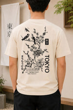 Erkek Ön ve Arka Tokyo Kuş Çiçek Baskılı Oversize T-Shirt - Ekru