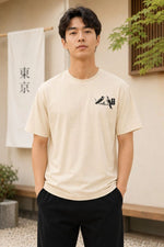 Erkek Ön ve Arka Tokyo Kuş Çiçek Baskılı Oversize T-Shirt - Ekru