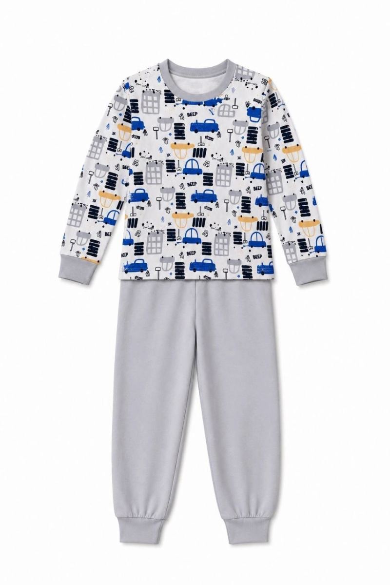 Erkek Çocuk Premium Penye Uzun Kollu Desenli Pijama Takımı 2-11 Yaş - Gri