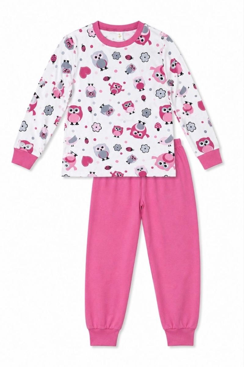 Kız Çocuk Premium Penye Baykuş Desenli Uzun Kollu Pijama Takımı 2-11 Yaş - Pembe