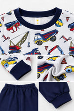 Erkek Çocuk Premium Penye İş Makinesi Desenli Uzun Kollu Pijama Takımı 2-11 Yaş - Lacivert