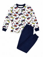 Erkek Çocuk Premium Penye İş Makinesi Desenli Uzun Kollu Pijama Takımı 2-11 Yaş - Lacivert