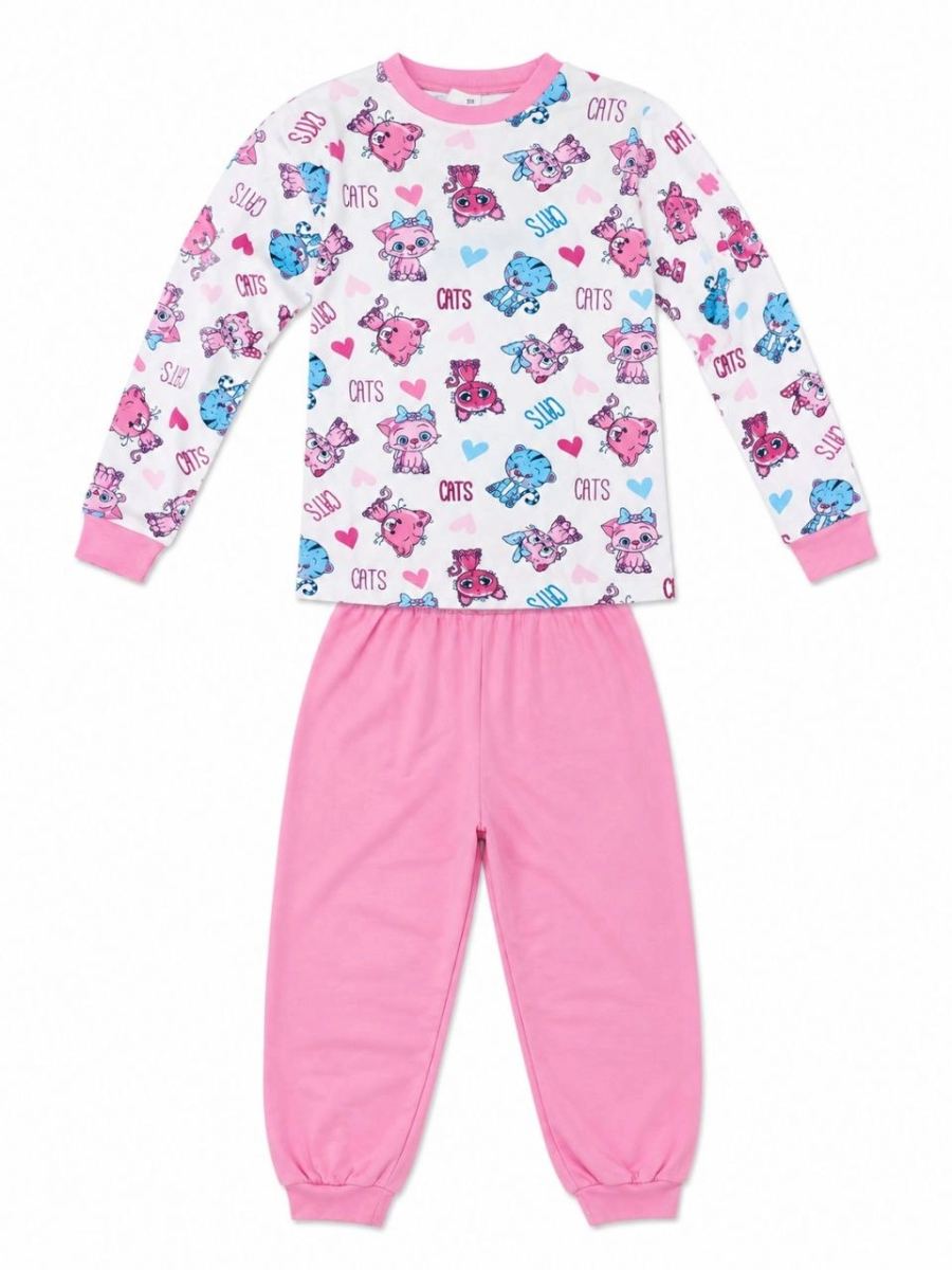 Kız Çocuk Premium Penye Kedi Desenli Uzun Kollu Pijama Takımı 2-11 Yaş - Pembe