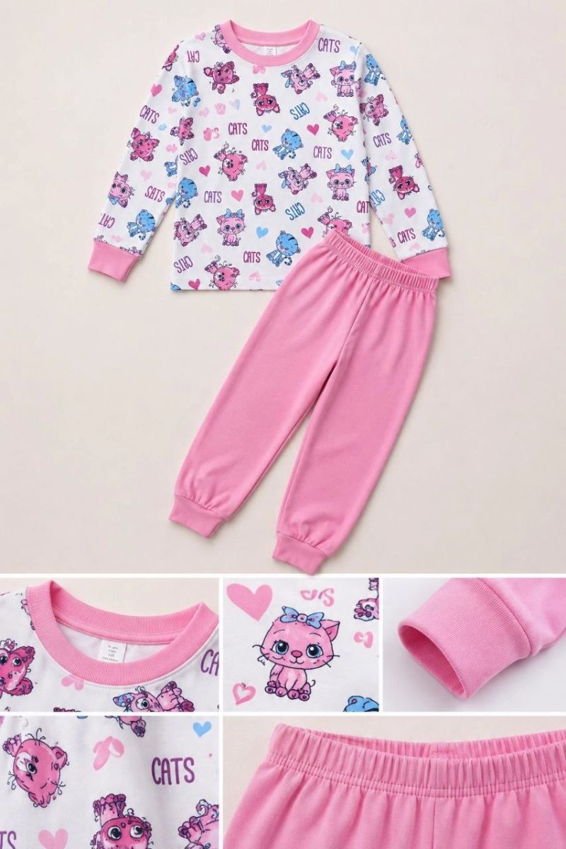 Kız Çocuk Premium Penye Kedi Desenli Uzun Kollu Pijama Takımı 2-11 Yaş - Pembe