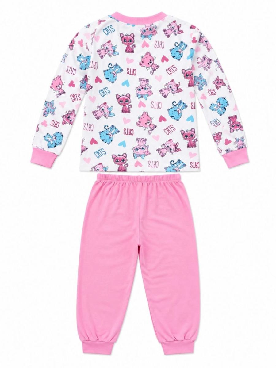 Kız Çocuk Premium Penye Kedi Desenli Uzun Kollu Pijama Takımı 2-11 Yaş - Pembe