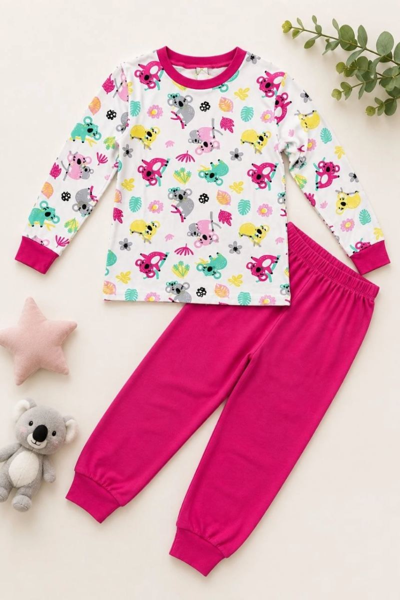 Kız Çocuk Premium Penye Koala Desenli Uzun Kollu Pijama Takımı 2-11 Yaş - Fuşya