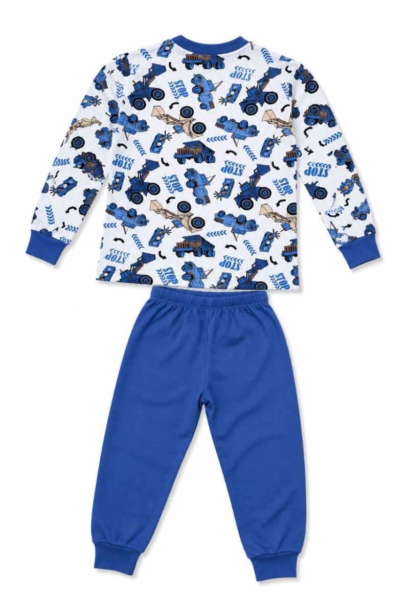 Erkek Çocuk Premium Penye İş Makinesi Desenli Uzun Kollu Pijama Takımı 2-11 Yaş - Mavi