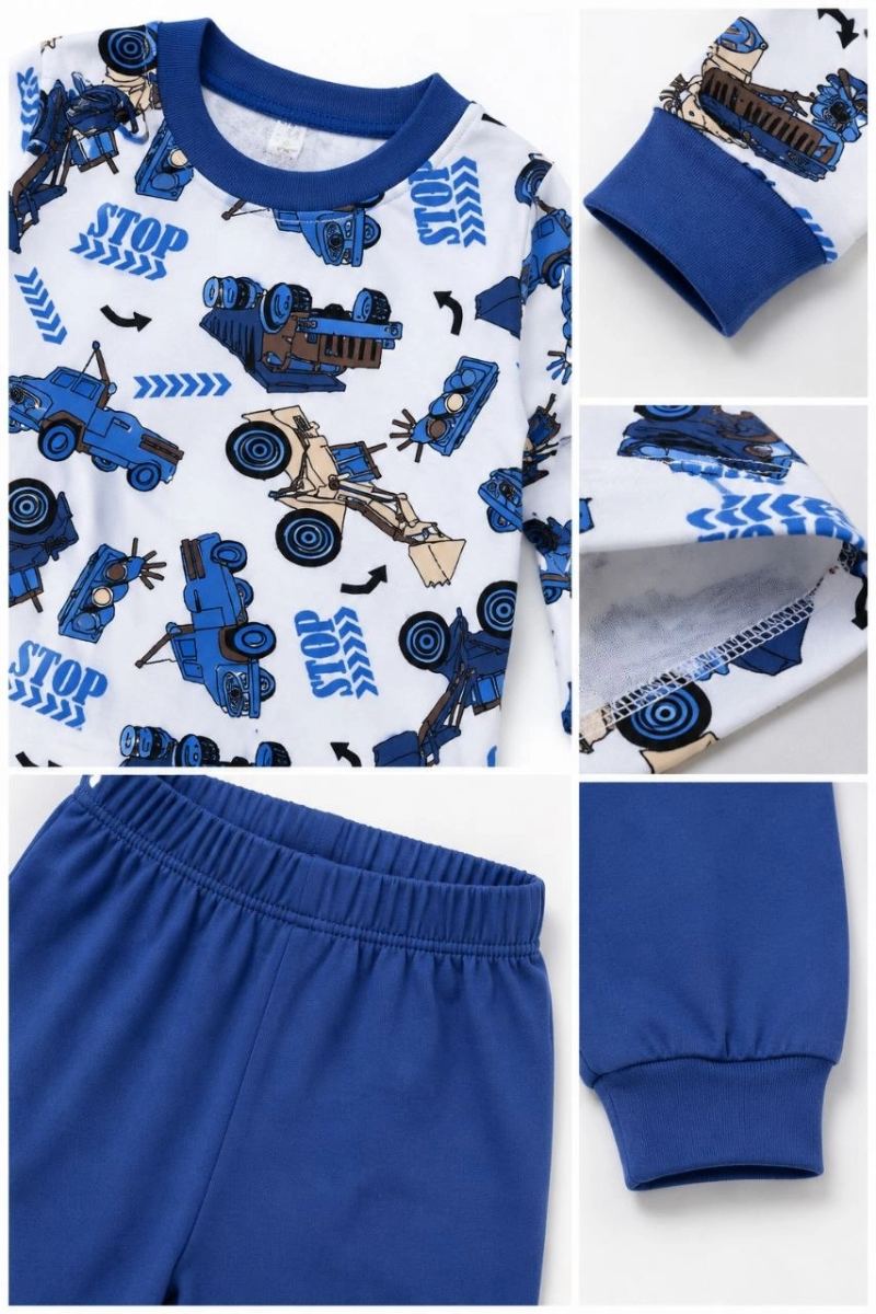 Erkek Çocuk Premium Penye İş Makinesi Desenli Uzun Kollu Pijama Takımı 2-11 Yaş - Mavi