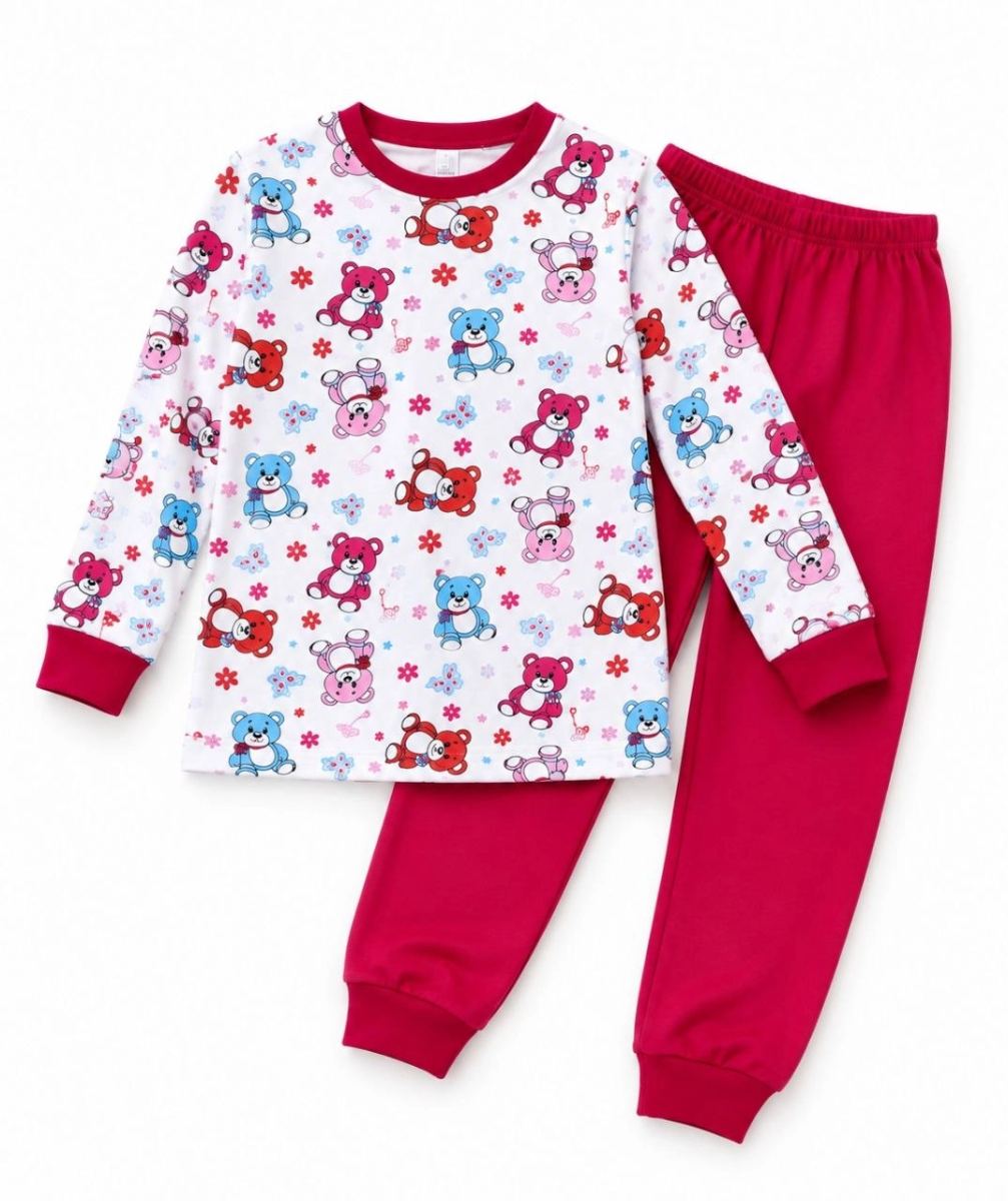 Kız Çocuk Premium Penye Ayıcık Desenli Uzun Kollu Pijama Takımı 2-11 Yaş - Kırmızı
