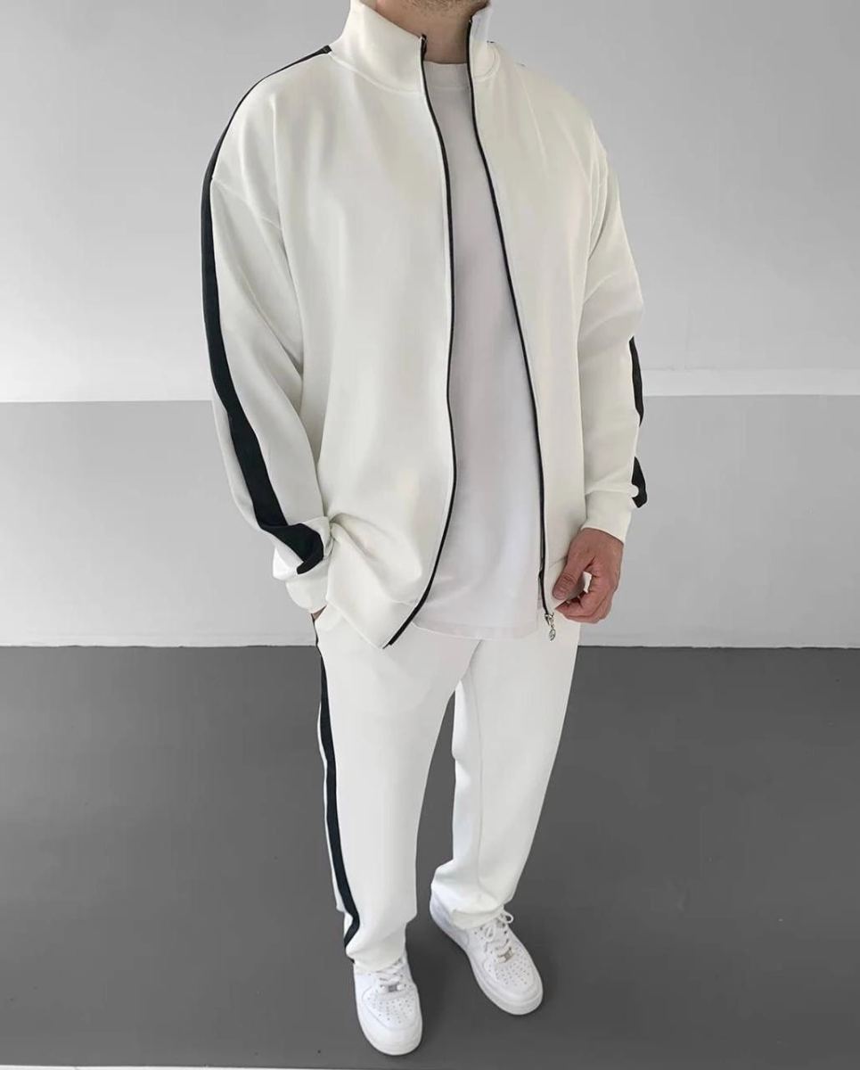 Erkek Scuba Kumaş Oversize Şerit Detaylı Fermuarlı Alt Üst Eşofman Takımı - Beyaz