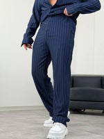 Erkek Çizgili Krep Kumaş Krem Gömlek Pantolon Alt Üst Takım Uzun Kollu - Lacivert