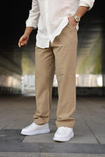 Erkek Ham Keten Beli Lastikli Cepli Regular Fit Boru Paça  Pantolon - Kahverengi