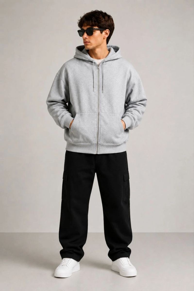 Erkek 3 İplik Şardonlu Tam Fermuarlı Kapüşonlu Arka Çanta Detaylı Sweatshirt - Gri