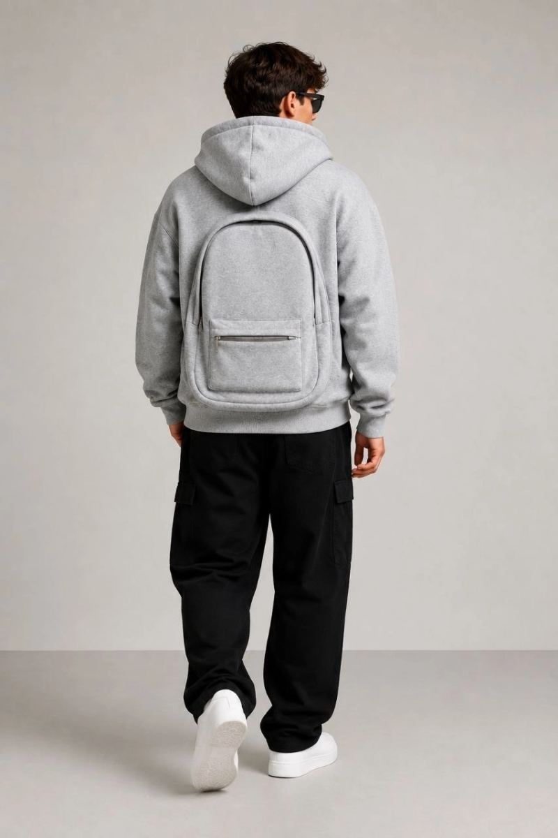 Erkek 3 İplik Şardonlu Tam Fermuarlı Kapüşonlu Arka Çanta Detaylı Sweatshirt - Gri