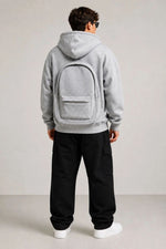 Erkek 3 İplik Şardonlu Tam Fermuarlı Kapüşonlu Arka Çanta Detaylı Sweatshirt - Gri