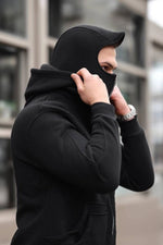 Erkek Maskeli Ninja Model Çift Kapüşonlu 3 İplik Şardonlu Fermuarlı Sweatshirt - Siyah