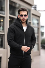 Erkek Maskeli Ninja Model Çift Kapüşonlu 3 İplik Şardonlu Fermuarlı Sweatshirt - Siyah