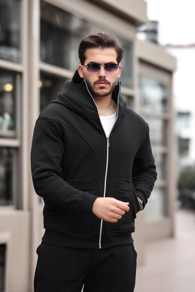 Erkek Maskeli Ninja Model Çift Kapüşonlu 3 İplik Şardonlu Fermuarlı Sweatshirt - Siyah