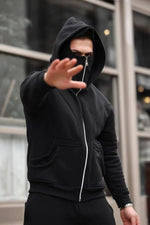 Erkek Maskeli Ninja Model Çift Kapüşonlu 3 İplik Şardonlu Fermuarlı Sweatshirt - Siyah