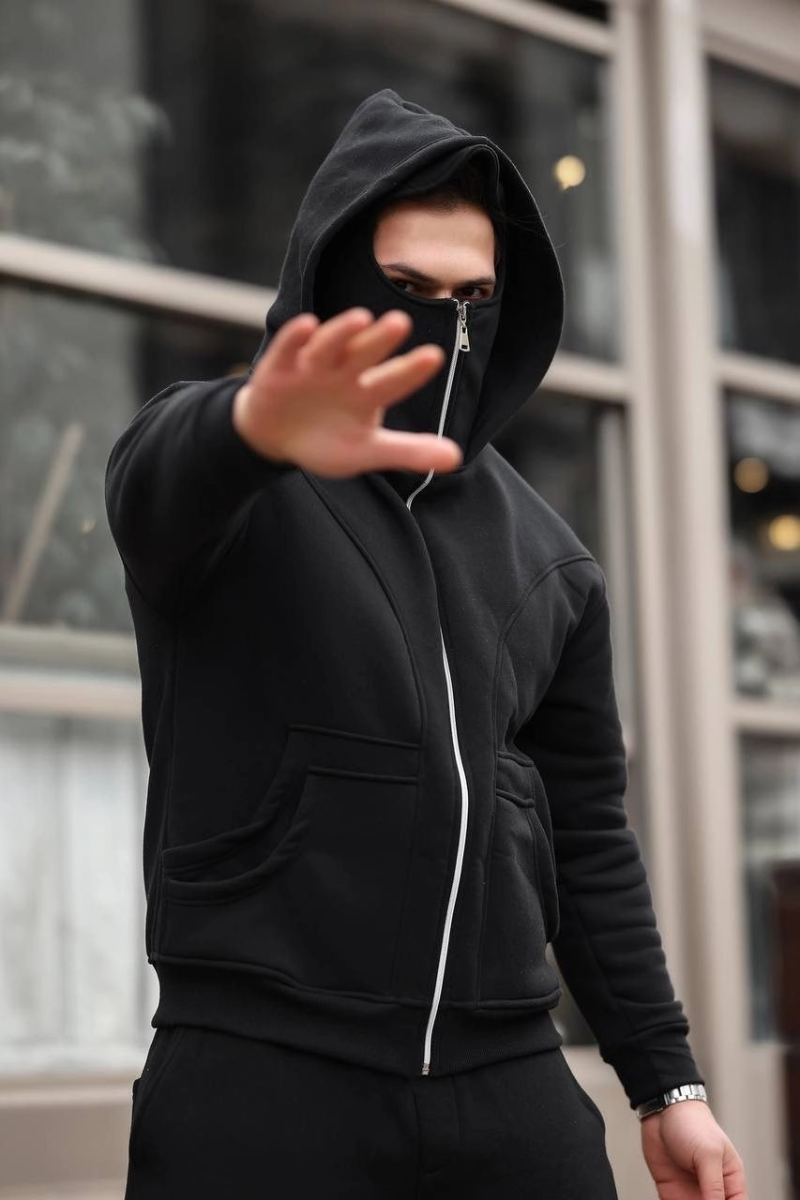 Erkek Maskeli Ninja Model Çift Kapüşonlu 3 İplik Şardonlu Fermuarlı Sweatshirt - Siyah