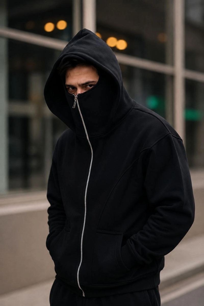 Erkek Maskeli Ninja Model Çift Kapüşonlu 3 İplik Şardonlu Fermuarlı Sweatshirt - Siyah