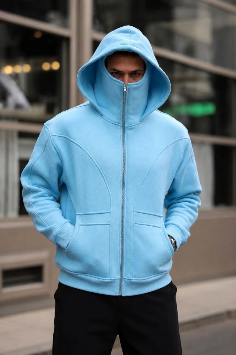 Erkek Maskeli Ninja Model Çift Kapüşonlu 3 İplik Şardonlu Fermuarlı Sweatshirt - Bebek Mavisi
