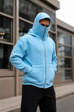 Erkek Maskeli Ninja Model Çift Kapüşonlu 3 İplik Şardonlu Fermuarlı Sweatshirt - Bebek Mavisi