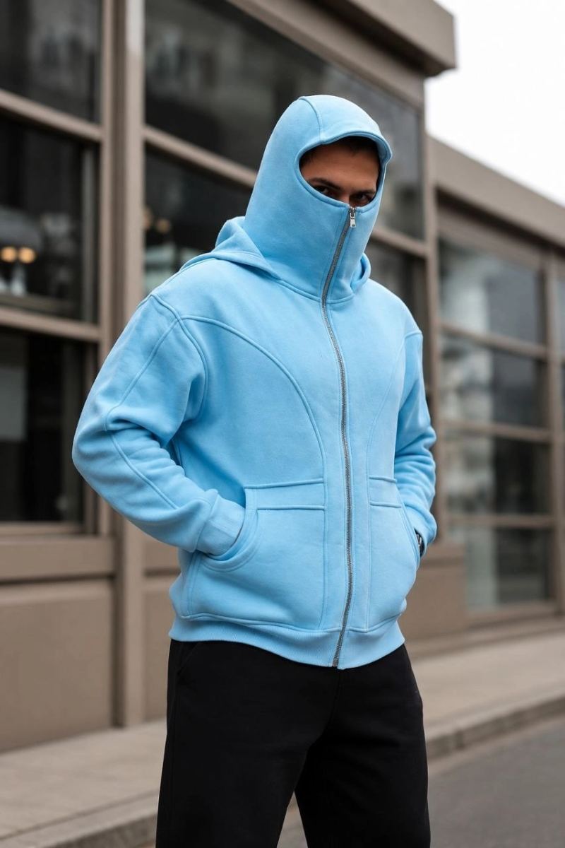 Erkek Maskeli Ninja Model Çift Kapüşonlu 3 İplik Şardonlu Fermuarlı Sweatshirt - Bebek Mavisi