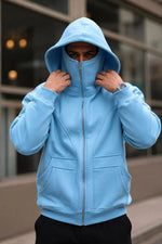 Erkek Maskeli Ninja Model Çift Kapüşonlu 3 İplik Şardonlu Fermuarlı Sweatshirt - Bebek Mavisi