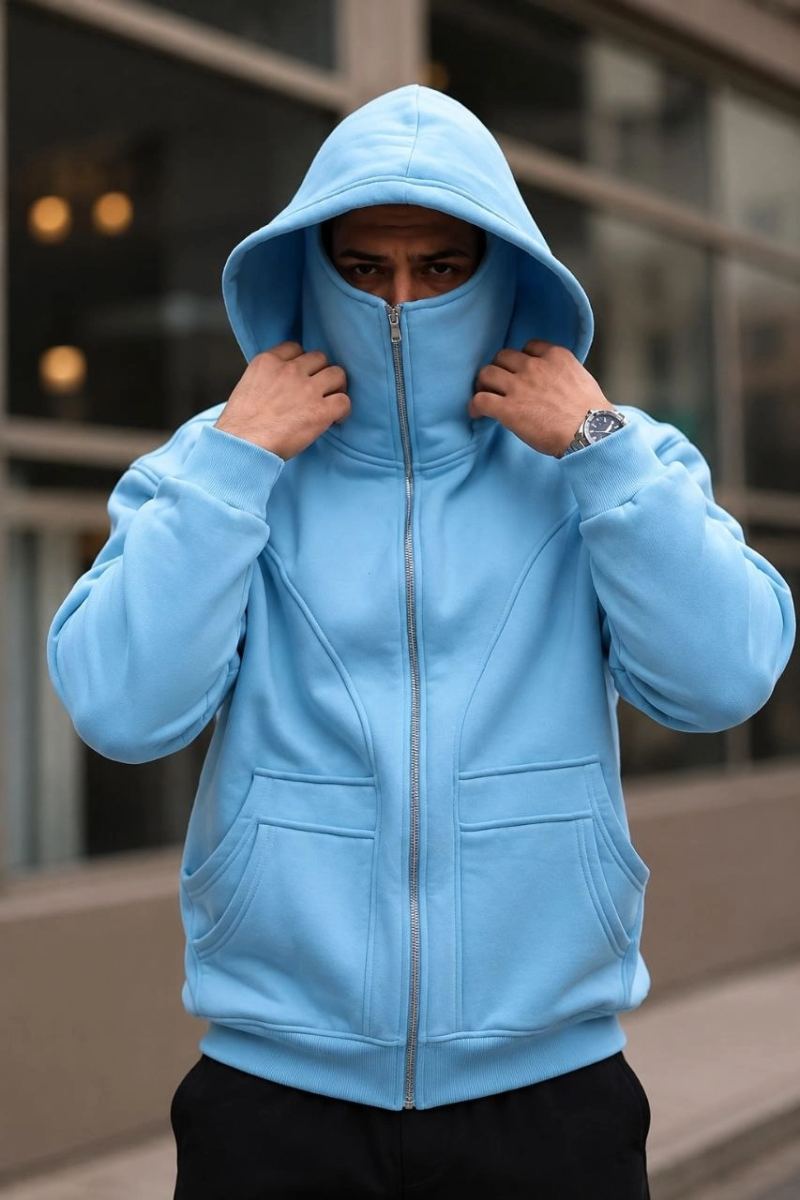 Erkek Maskeli Ninja Model Çift Kapüşonlu 3 İplik Şardonlu Fermuarlı Sweatshirt - Bebek Mavisi