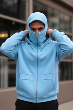 Erkek Maskeli Ninja Model Çift Kapüşonlu 3 İplik Şardonlu Fermuarlı Sweatshirt - Bebek Mavisi