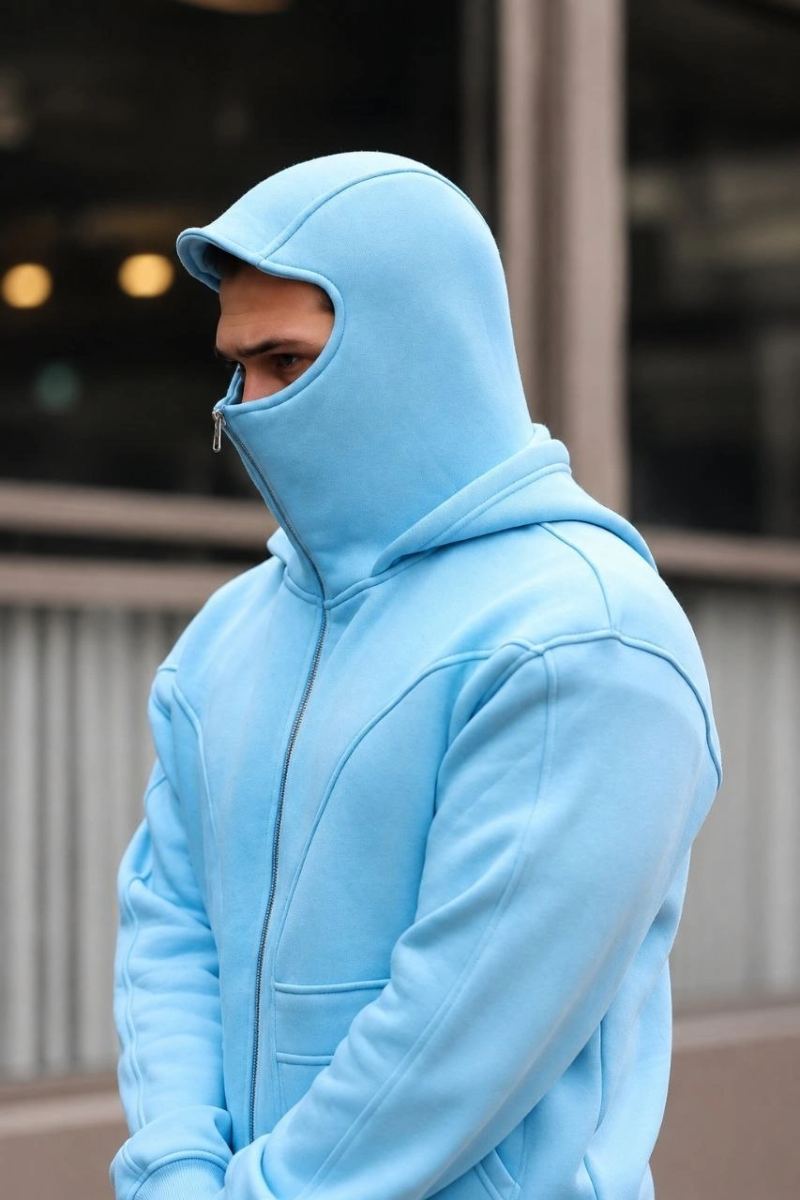 Erkek Maskeli Ninja Model Çift Kapüşonlu 3 İplik Şardonlu Fermuarlı Sweatshirt - Bebek Mavisi