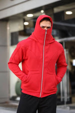 Erkek Maskeli Ninja Model Çift Kapüşonlu 3 İplik Şardonlu Fermuarlı Sweatshirt - Kırmızı