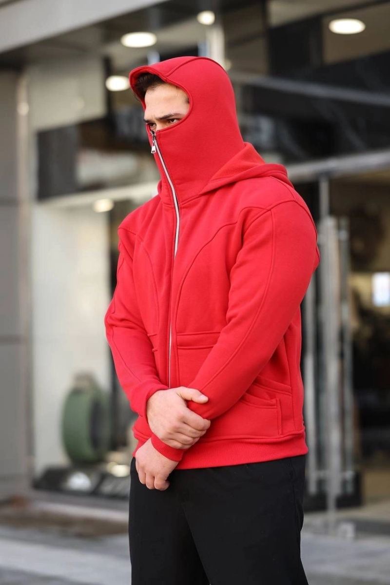 Erkek Maskeli Ninja Model Çift Kapüşonlu 3 İplik Şardonlu Fermuarlı Sweatshirt - Kırmızı