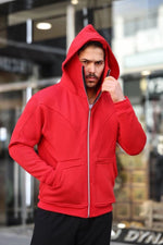 Erkek Maskeli Ninja Model Çift Kapüşonlu 3 İplik Şardonlu Fermuarlı Sweatshirt - Kırmızı