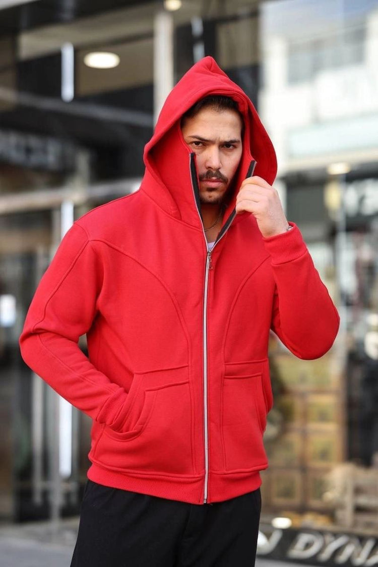 Erkek Maskeli Ninja Model Çift Kapüşonlu 3 İplik Şardonlu Fermuarlı Sweatshirt - Kırmızı