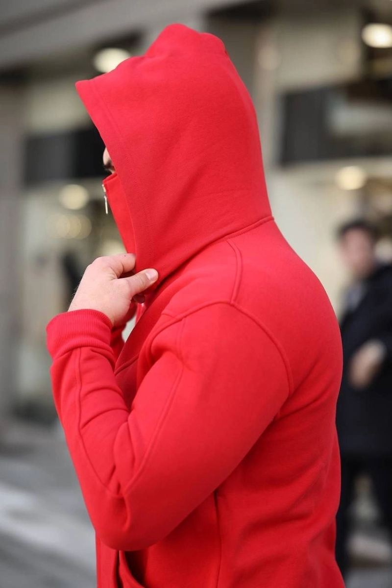Erkek Maskeli Ninja Model Çift Kapüşonlu 3 İplik Şardonlu Fermuarlı Sweatshirt - Kırmızı