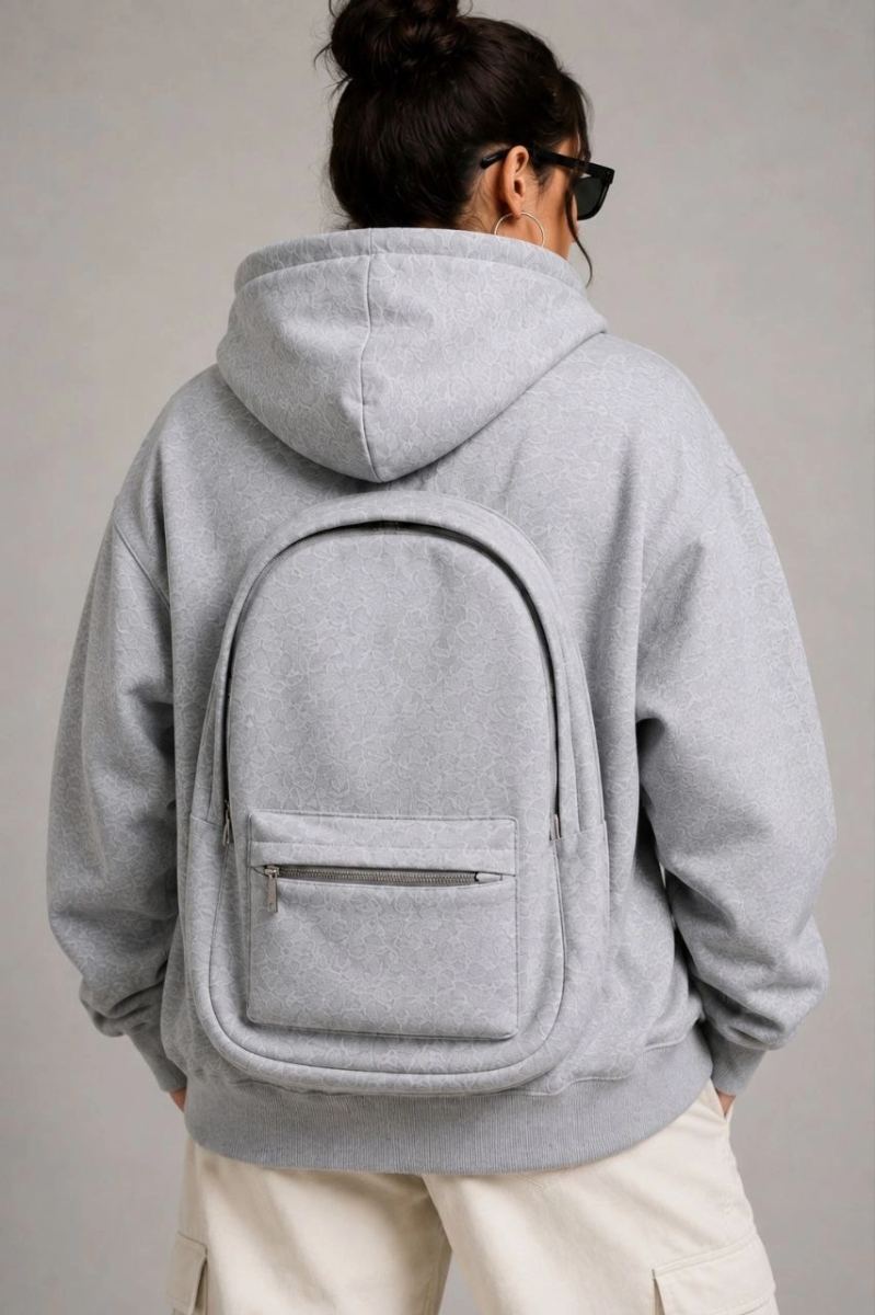 Kadın 3 İplik Şardonlu Tam Fermuarlı Kapüşonlu Arka Çanta Detaylı Sweatshirt - Gri