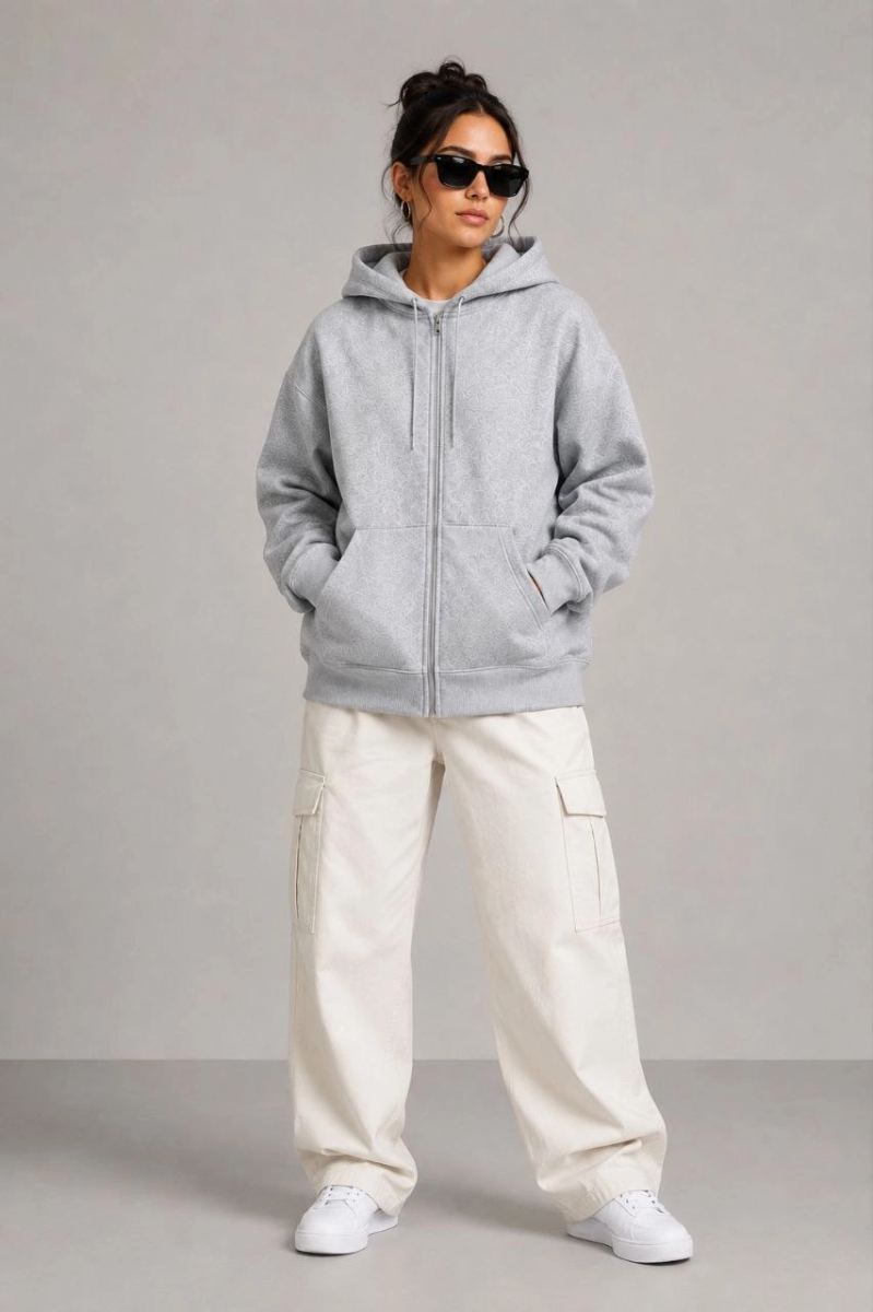 Kadın 3 İplik Şardonlu Tam Fermuarlı Kapüşonlu Arka Çanta Detaylı Sweatshirt - Gri