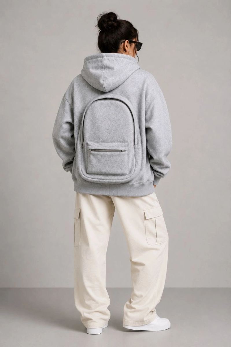 Kadın 3 İplik Şardonlu Tam Fermuarlı Kapüşonlu Arka Çanta Detaylı Sweatshirt - Gri