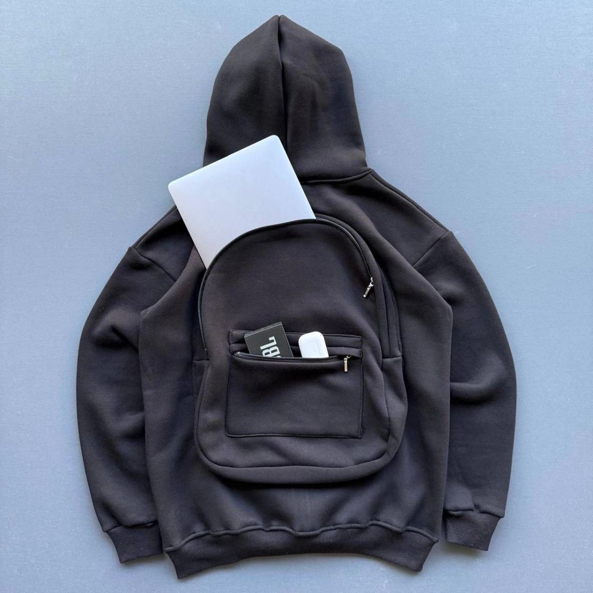 Kadın 3 İplik Şardonlu Tam Fermuarlı Kapüşonlu Arka Çanta Detaylı Sweatshirt - Siyah