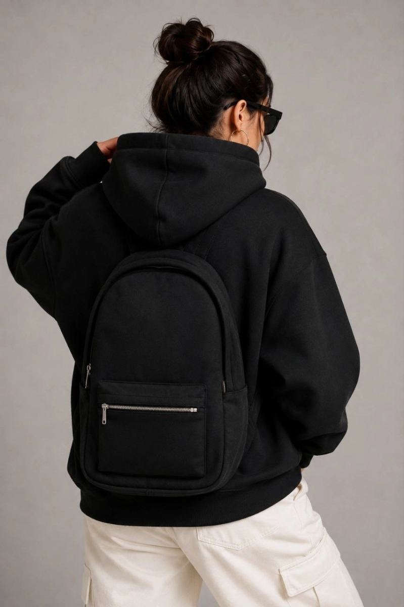 Kadın 3 İplik Şardonlu Tam Fermuarlı Kapüşonlu Arka Çanta Detaylı Sweatshirt - Siyah