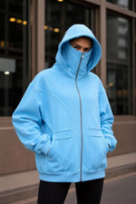 Kadın Maskeli Ninja Model Çift Kapüşonlu 3 İplik Şardonlu Fermuarlı Oversize Sweatshirt - Bebek Mavisi