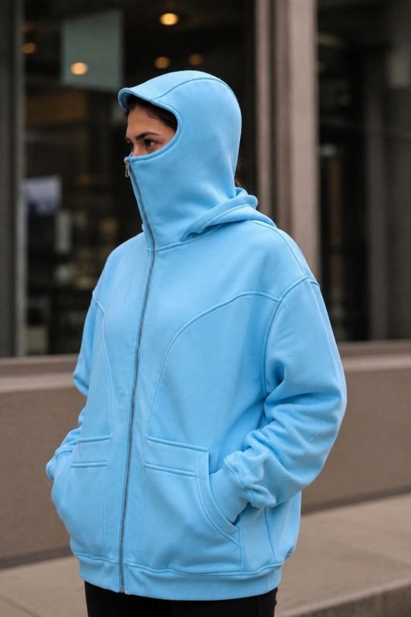 Kadın Maskeli Ninja Model Çift Kapüşonlu 3 İplik Şardonlu Fermuarlı Oversize Sweatshirt - Bebek Mavisi