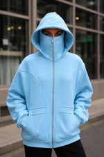 Kadın Maskeli Ninja Model Çift Kapüşonlu 3 İplik Şardonlu Fermuarlı Oversize Sweatshirt - Bebek Mavisi