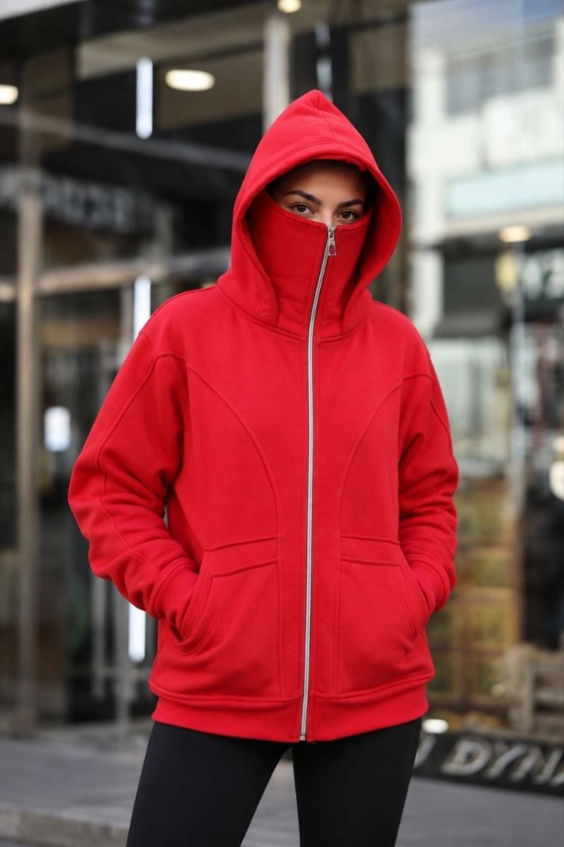 Kadın Maskeli Ninja Model Çift Kapüşonlu 3 İplik Şardonlu Fermuarlı Oversize Sweatshirt - Kırmızı