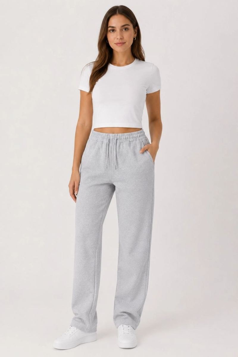 Kadın Pike Dokuma Kumaş Cepli Eşofman Altı Lastikli Bağcıklı 4 Mevsim - Gri